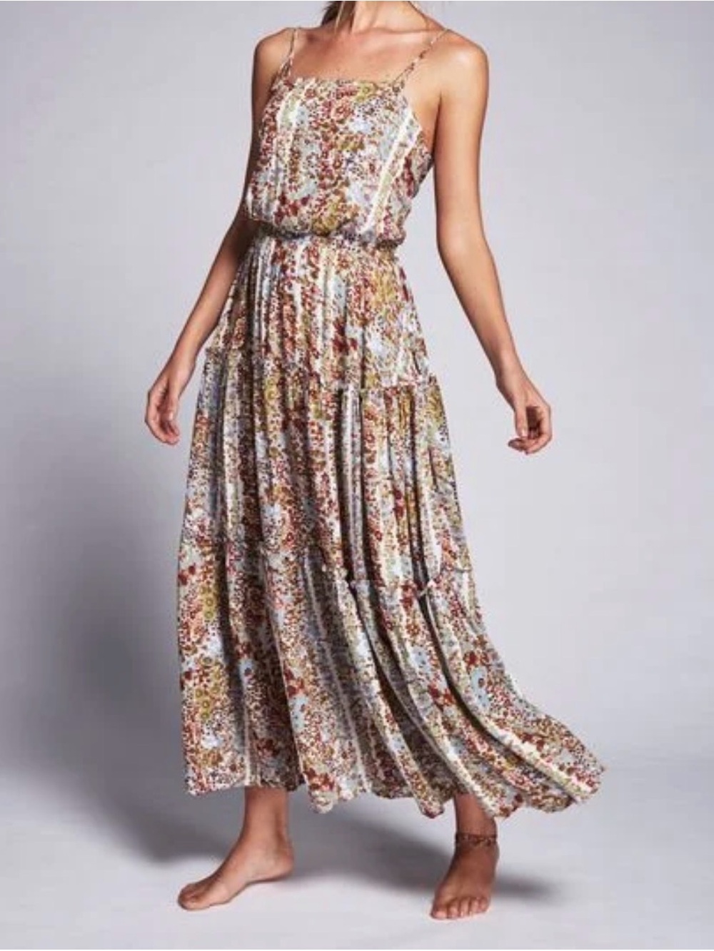 Free People Floral Spaghetti-Strap Maxi Dress in Cream, Brown, Green